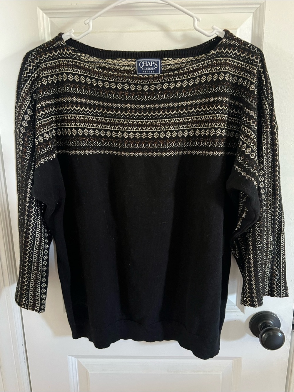 Chaps Black Sweater with Cream Fair Isle Yoke